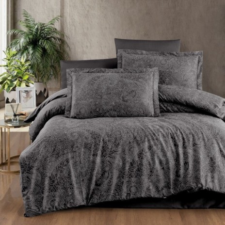 Lenjerie de pat bumbac satin de lux 6 piese First Choice Neva Polama cu model paisley elegant pe fundal inchis