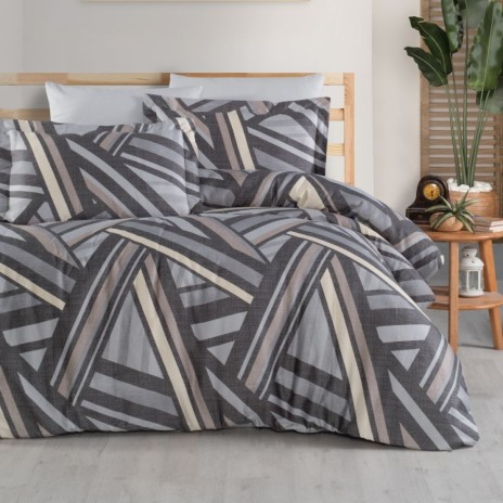 Lenjerie de pat First Choice Radolf bumbac satinat 220 TC model geometric cu dungi gri antracit bej si crem