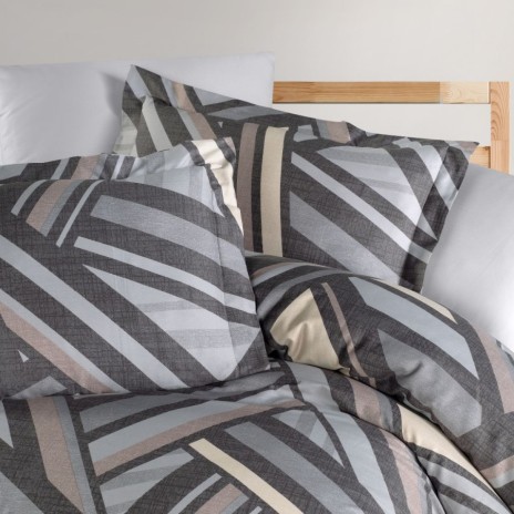 Lenjerie de pat First Choice Radolf bumbac satinat 220 TC model geometric cu dungi gri antracit bej si crem