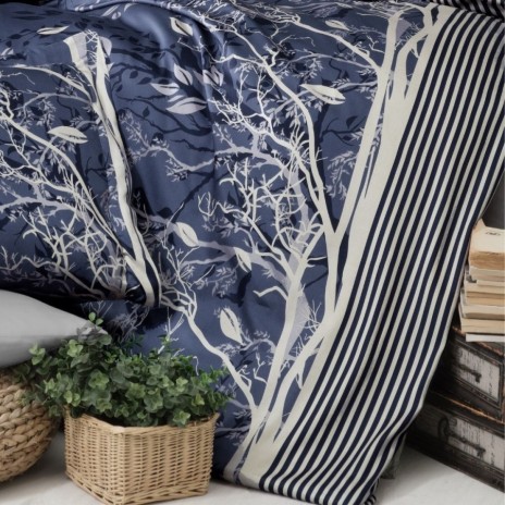 Lenjerie pat satin de lux Living Albastru, First Choice, imprimeu natura si linii, 6 piese