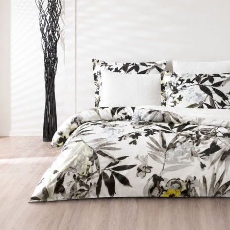 lenjerie de pat bumbac satinat TAC Delux Digital Grenada design floral alb negru