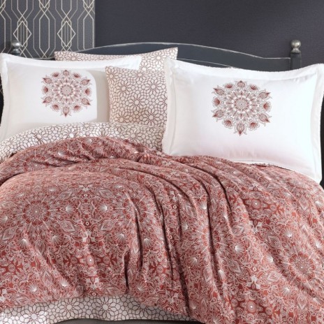 Lenjerie de pat satin de lux 6 piese Hobby Home Marcella Bronze cu motive florale, bumbac satinat