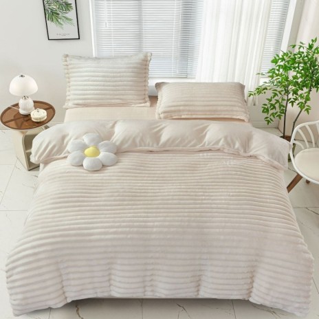 Lenjerie de pat cocolino Line bej pentru pat dublu, material moale de inalta densitate, ideal pentru sezonul rece.