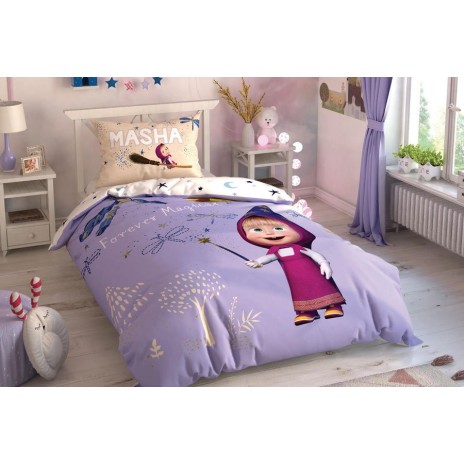 Lenjerie de pat pentru copii Disney Masha, imprimeu mov alb multicolor, 3 piese, bumbac 100%.