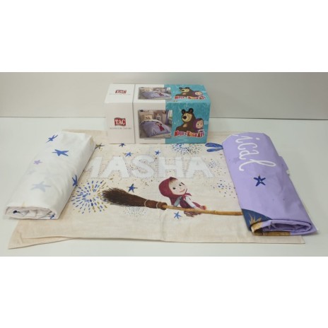 Lenjerie de pat pentru copii Disney Masha, imprimeu mov alb multicolor, 3 piese, bumbac 100%.