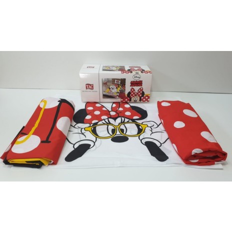 Lenjerie de pat Disney Tac Minnie Selfie, imprimeu galben negru roșu, Minnie Mouse selfie, 3 piese, bumbac.