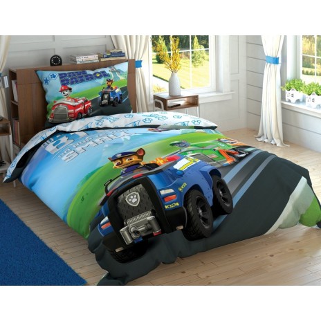 Lenjerie de pat Disney Paw Patrol Team, cu Chase, Marshall și Rocky, design albastru, verde și alb, 3 piese, bumbac