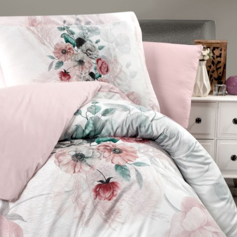 Lenjerie de pat 3D bumbac satin de lux 6 piese First Choice Glen cu imprimeu floral pastel si efect realist