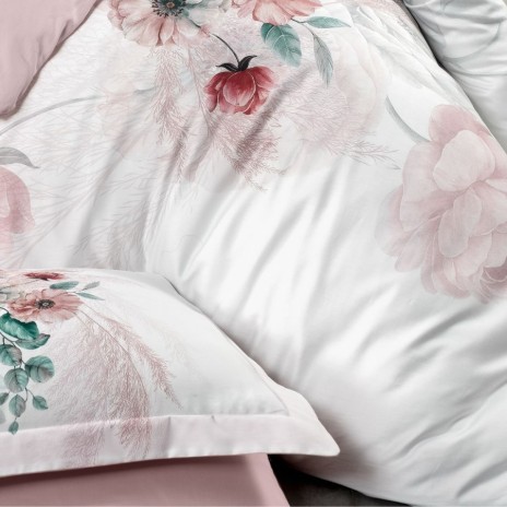 Lenjerie de pat 3D bumbac satin de lux 6 piese First Choice Glen cu imprimeu floral pastel si efect realist