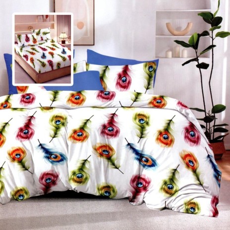 Lenjerie de pat din finet cu 6 piese, model pene de păun colorate pe fundal alb