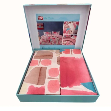 Lenjerie de pat TAC Holden Roz, bumbac ranforce, model geometric vibrant in nuante de roz si accente de turcoaz, cu cearsaf elastic pentru fixare perfecta