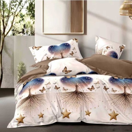 Lenjerie pat finet maro alb, model copac cu fluturi si stele aurii, set 6 piese cu cearsaf 230x250