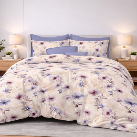 Lenjerie de pat finet cu elastic flori pastel 6 piese design floral delicat dormitor