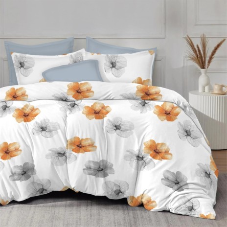 Lenjerie de pat finet cu elastic 6 piese flori portocalii gri design modern elegant