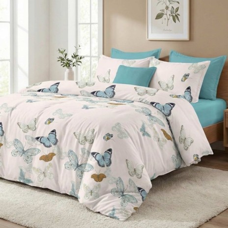 Lenjerie de pat cu elastic din finet fluturi bleu 6 piese