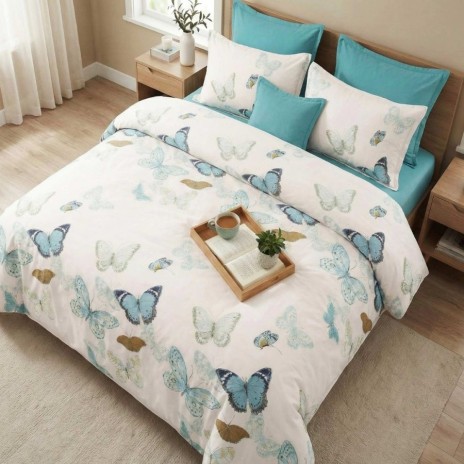 Lenjerie de pat cu elastic din finet fluturi bleu 6 piese