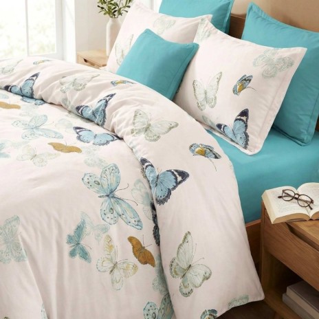 Lenjerie de pat cu elastic din finet fluturi bleu 6 piese