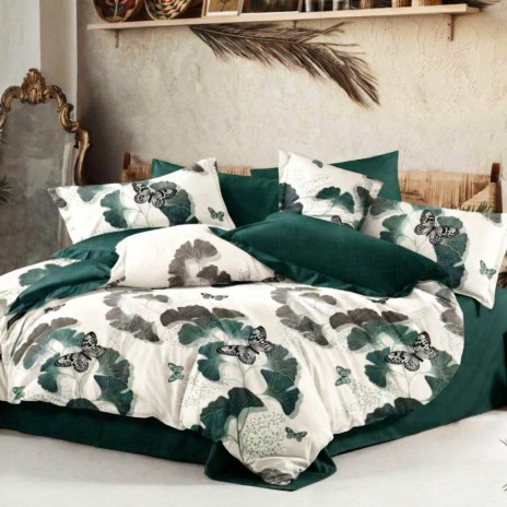 Lenjerie pat finet cu elastic verde inchis, model cu frunze verzi si fluturi pe fundal alb, 6 piese