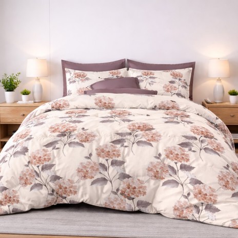 Lenjerie de pat finet cu elastic hortensii crem 6 piese design floral elegant dormitor