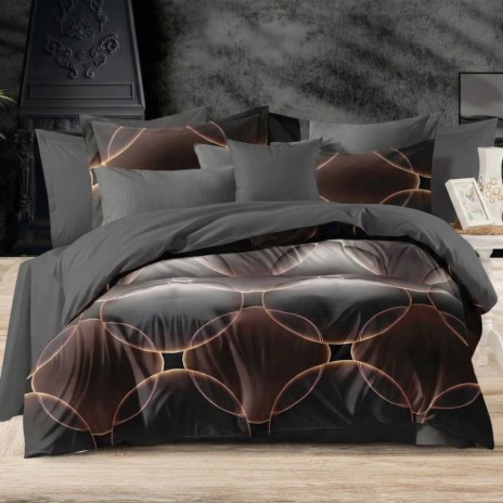 Lenjerie pat finet cu elastic gri inchis, model geometric cu cercuri gri-negru si accente cupru, 6 piese