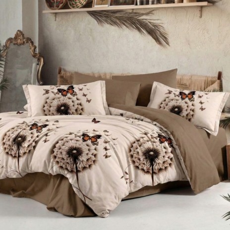 Lenjerie pat finet cu elastic bej taupe, model cu papadie si fluturi maro-portocaliu pe fundal crem, 6 piese