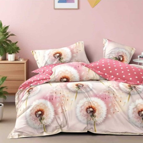 Lenjerie pat finet cu elastic roz cu buline albe, model cu papadii pe fundal roz pastel, 6 piese