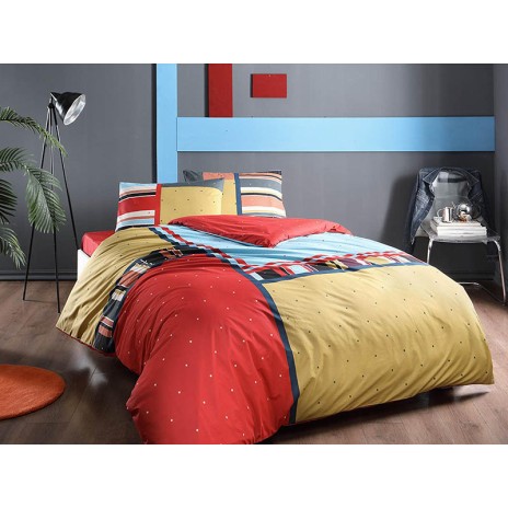 Lenjerie de pat cu elastic pentru saltea de 160x200 cm, din bumbac 100% ranforce, cu design modern în culori roșu, galben și albastru