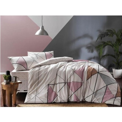 Lenjerie de pat cu elastic pentru saltea de 160x200 cm, din bumbac 100% ranforce, cu design geometric în nuanțe de gri, roz și bej