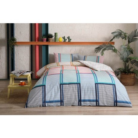 Lenjerie de pat cu elastic pentru saltea de 160x200 cm, din bumbac 100% ranforce, model Santana, cu design în dungi și carouri multicolore.