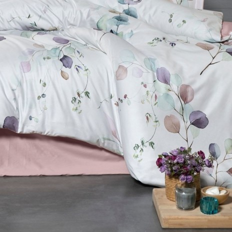 Lenjerie pat 3D bumbac satin de lux cu frunze pastel, Leaf, 6 piese, ambalaj cadou
