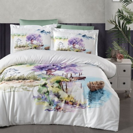 Lenjerie pat 3D bumbac satin de lux cu peisaj, Rashan, 6 piese, ambalaj cadou