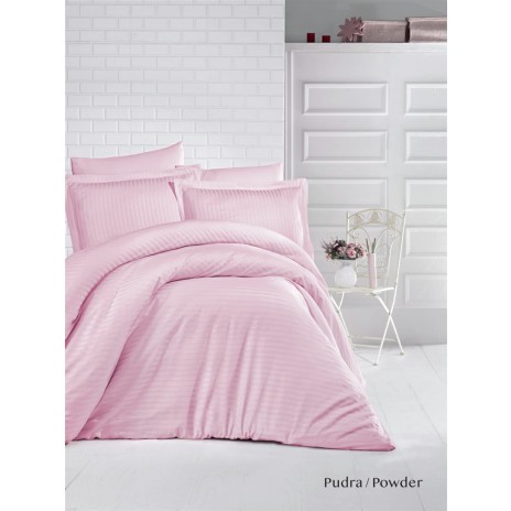 Set de lenjerie de pat dublu din damasc roz cu elastic, ideal pentru pat de 140x200cm