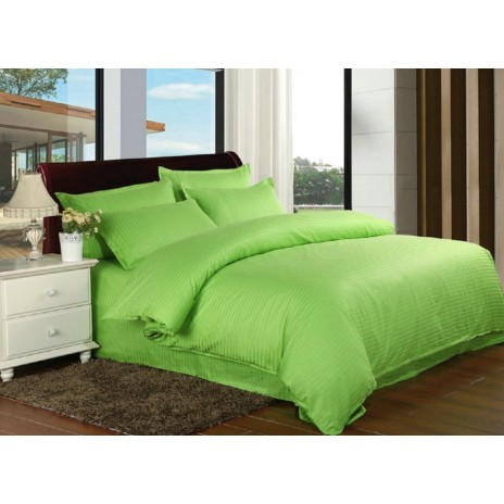Lenjerie de pat verde aprins damasc din bumbac 100% cu dungă de 1 cm lățime, specială pentru hoteluri, cu elastic, set 4 piese