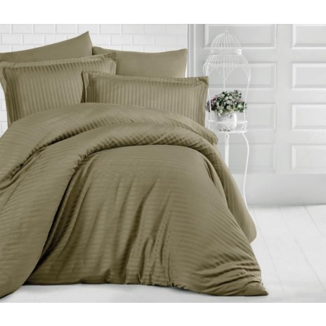 Lenjerie de pat damasc maro olive cu dungi, set de 3 piese, bumbac 100%