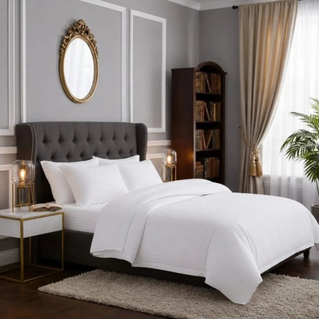 Lenjerie de pat cappuccino damasc din bumbac 100% cu dungă de 1 cm lățime, specială pentru hoteluri, set 5 piese