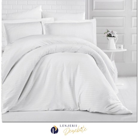Lenjerie de pat damasc gros cu elastic ptr saltea de 140x200cm - Alb -cearceaf pilota 180x200cm