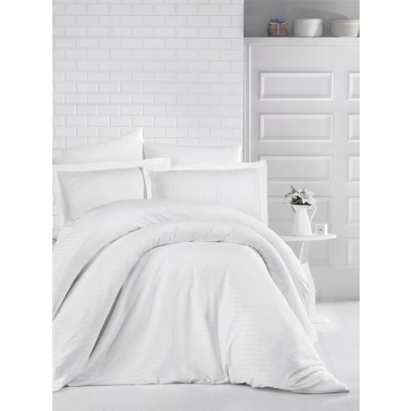 Lenjerie de pat albă damasc gros cu elastic, lux hotelier, pentru saltea 160x200 cm, Ralex Pucioasa