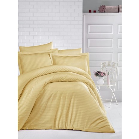 Lenjerie de pat galben-muștar damasc din bumbac 100% cu dungă de 1 cm lățime, specială pentru hoteluri, set 4 piese, cearceaf cu elastic pentru saltea de 180 cm