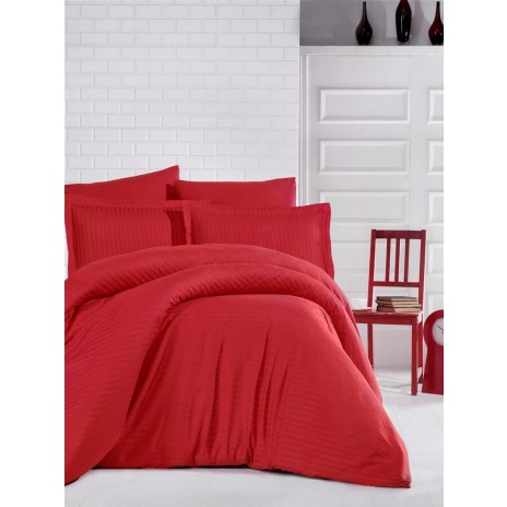 Lenjerie de pat roșie damasc din bumbac 100% cu dungă de 1 cm lățime, specială pentru hoteluri, set 4 piese, cearceaf cu elastic pentru saltea de 180x200 cm