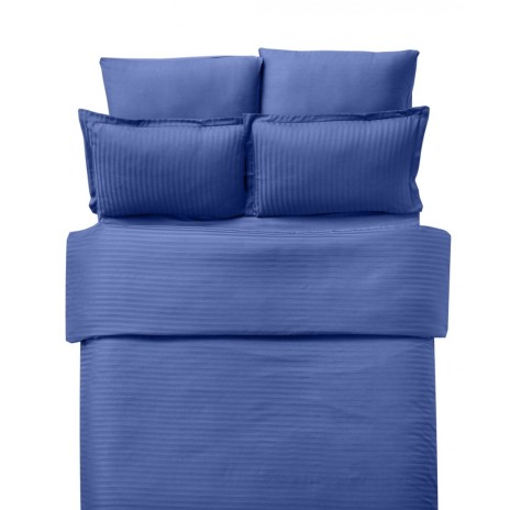 Lenjerie de pat albastru damasc din bumbac 100% cu dungă de 1 cm lățime, specială pentru hoteluri, set 4 piese