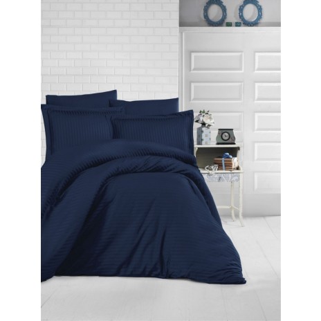 Lenjerie de pat bleumarin damasc din bumbac 100% cu dungă de 1 cm lățime, specială pentru hoteluri, set 4 piese
