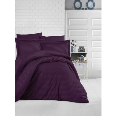 Lenjerie de pat violet damasc din bumbac 100% cu dungă de 1 cm lățime, specială pentru hoteluri, set 4 piese