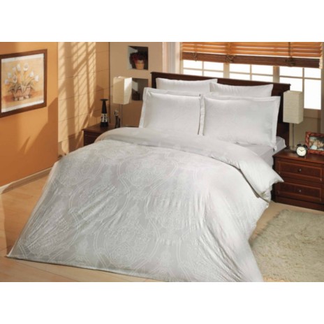 Lenjerie de pat de lux Altinbasak Scarlett din bumbac 100% dublu satinat alb cu design floral damasc.
