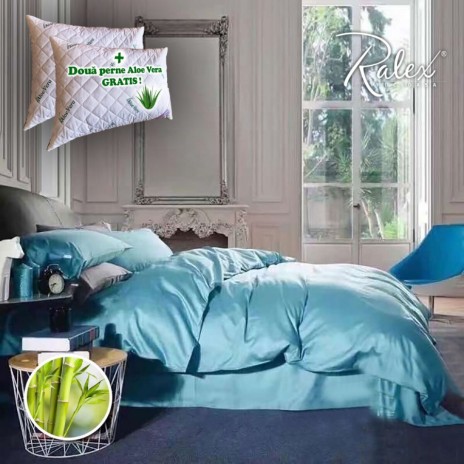 Lenjerie de pat de lux, bambus si bumbac, Turcoaz si 2 perne 42x60 cm cu aloe vera (cadou)
