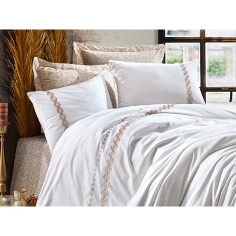 Lenjerie de pat albă cu broderie bej și accente decorative subtile, model Ines Bej, bumbac ranforce, 6 piese