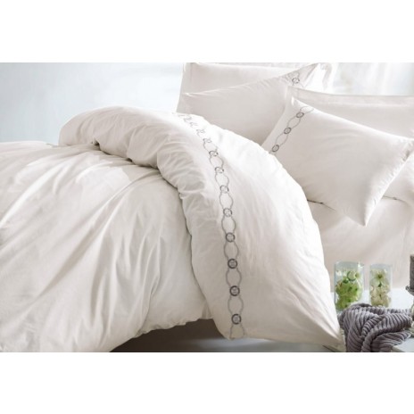 Lenjerie de pat albă cu broderie gri discretă, model Ramens, bumbac ranforce, 5 piese