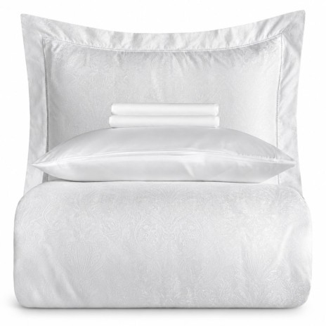 Lenjerie de pat Poseidon alb La Romano din bumbac egiptean jacquard, cu motive paisley ton pe ton si fete de perna cu chenare decorative