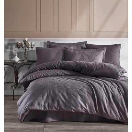 Lenjerie de pat de lux din jacquard satin, Clasy Home, model Arven, în nuanță gri închis cu design floral și geometric, elegantă și modernă.