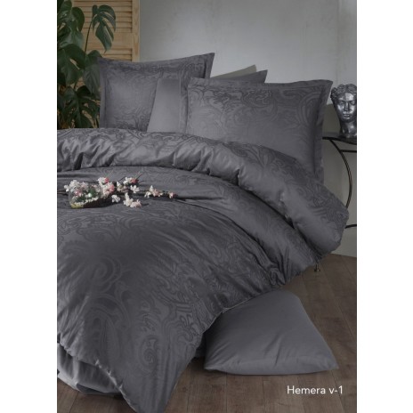 Lenjerie de pat gri antracit din bumbac satinat Hemera V-1 cu model jacquard, set de 6 piese, decor elegant și sofisticat