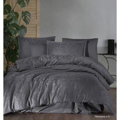 Lenjerie de pat gri antracit din bumbac satinat Hemera V-1 cu model jacquard, set de 6 piese, decor elegant și sofisticat